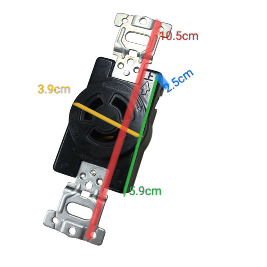 Panasonic black 3 Pole twistlock outlet for panel board 125V. mounted receptacle with steel mounting brackets and measurements