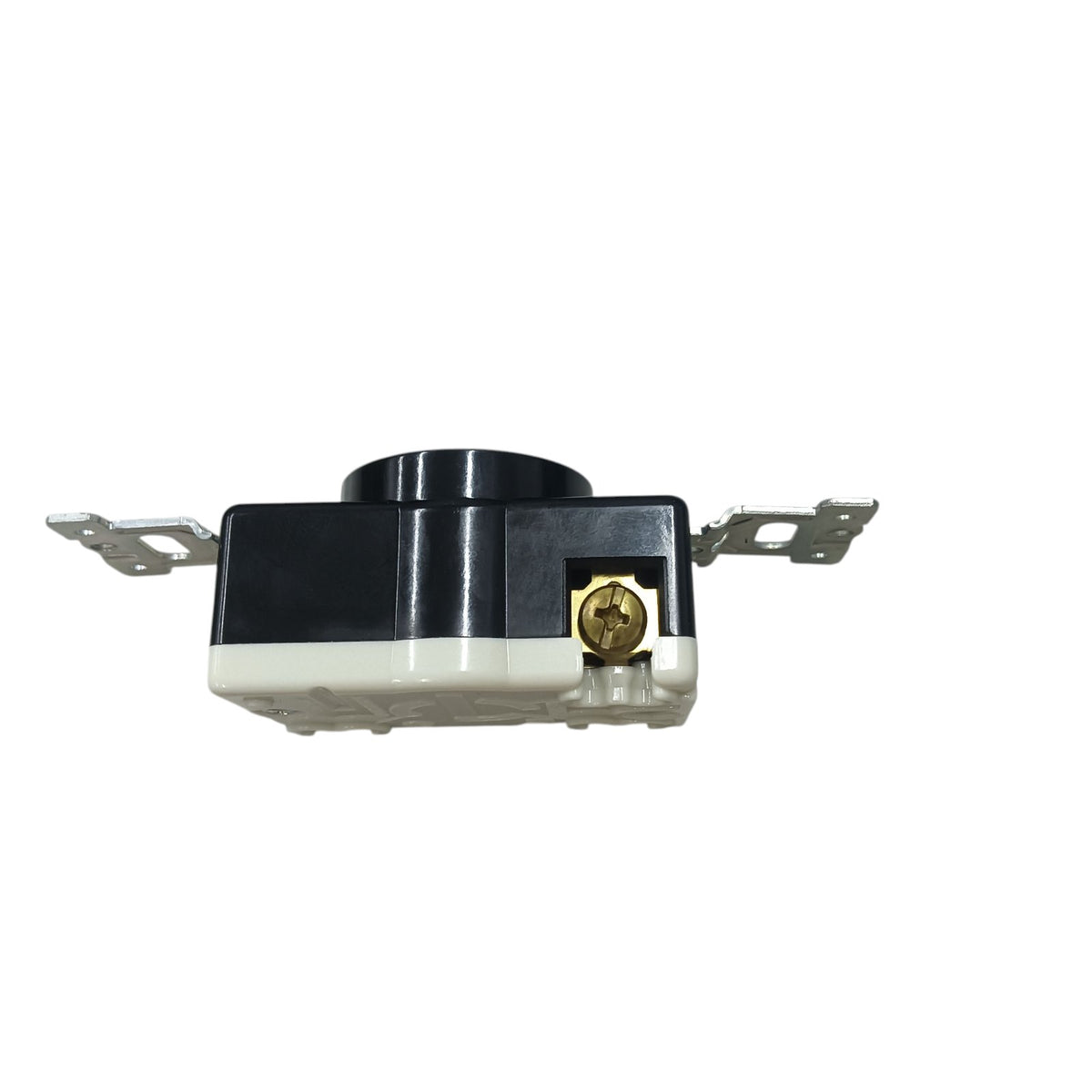 Panasonic 3 Pole twistlock outlet for panel board 125V. Black and white panel mount receptacle with brass terminal tabs