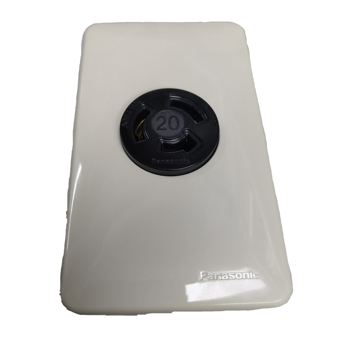 Panasonic electronic device with a black circular component on a white background Panasonic 20A Twist Lock Outlet with Plate Cover 2P+E (3P) 250V (ML-3) WF2320 and WNF6253W-8, Twistlock