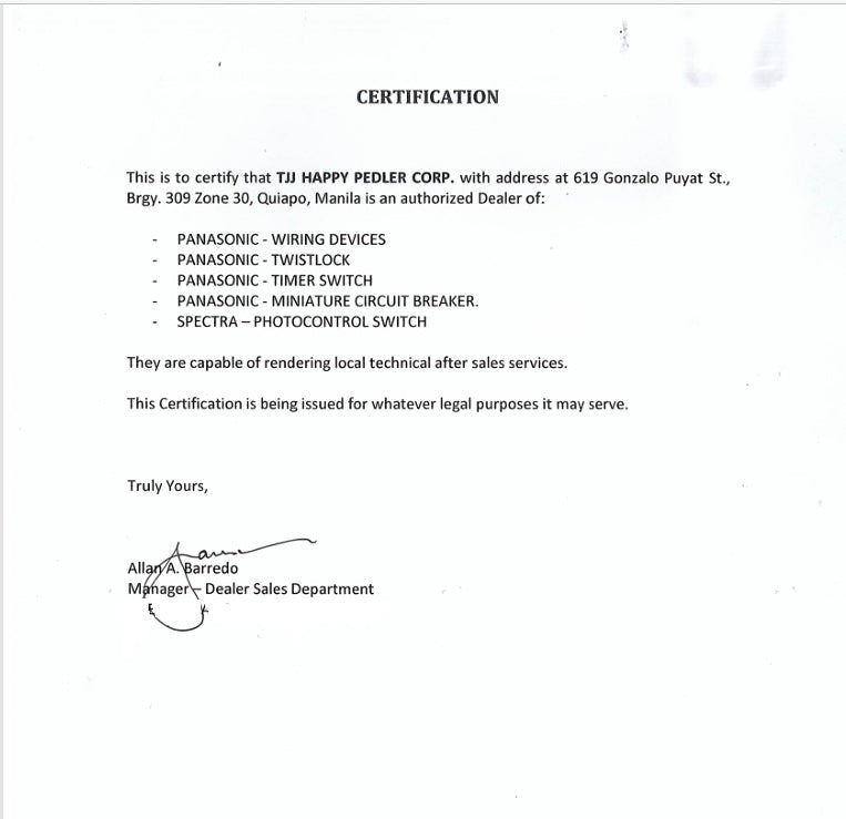 Panasonic NEMA L6 250V industrial outlet certification letter showing authorized dealer and product list