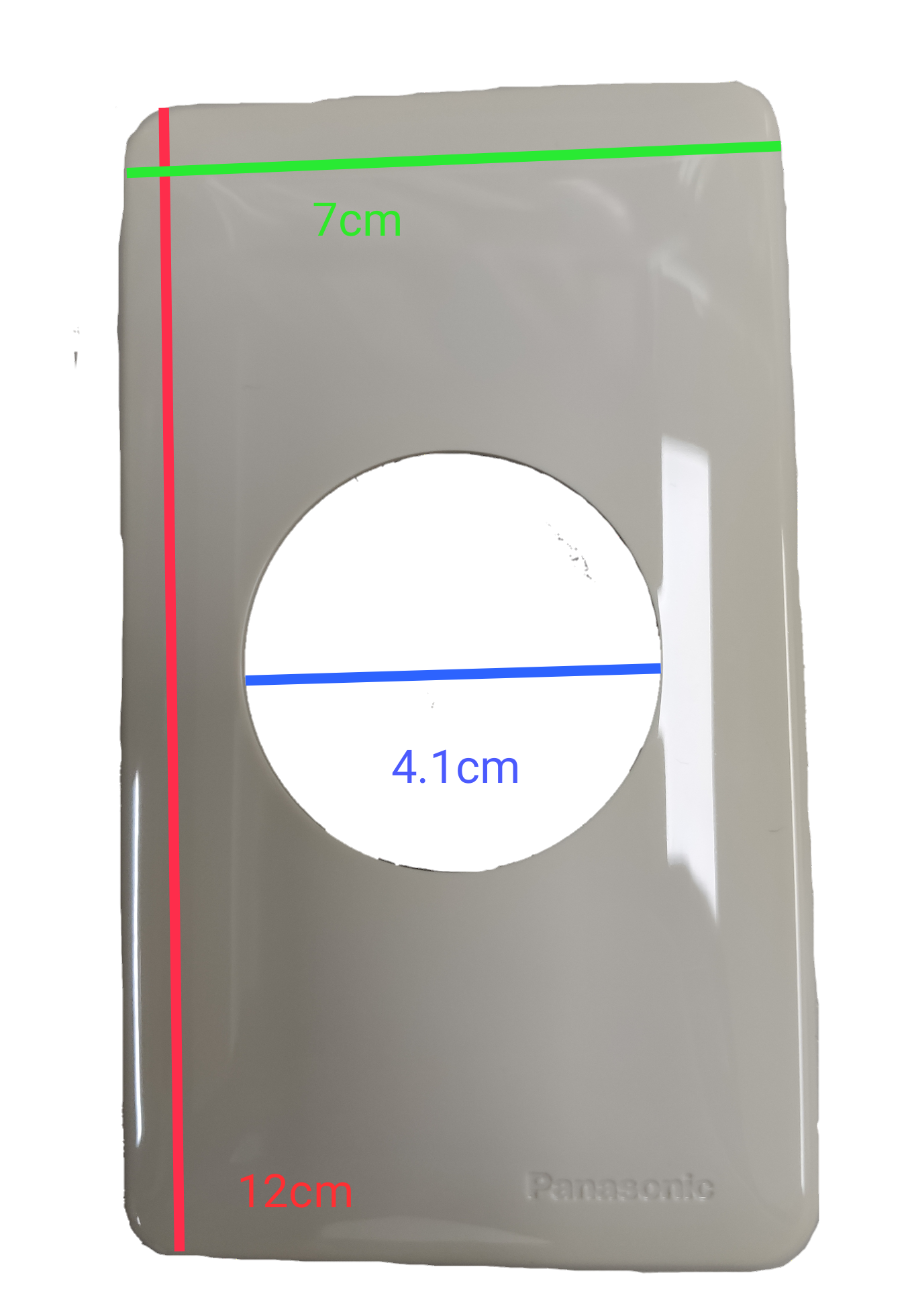 Panasonic white faceplate with circular cutout for NEMA L6 250V industrial outlet 7cm by 12cm 4.1cm hole