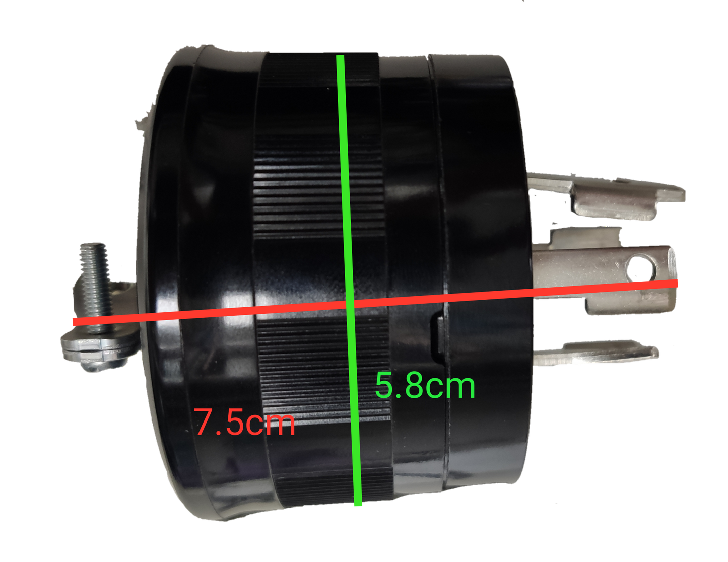Panasonic NEMA L6-30 250V Twist Lock Plug black cylindrical heavy duty connector with metal prongs and measurement markings
