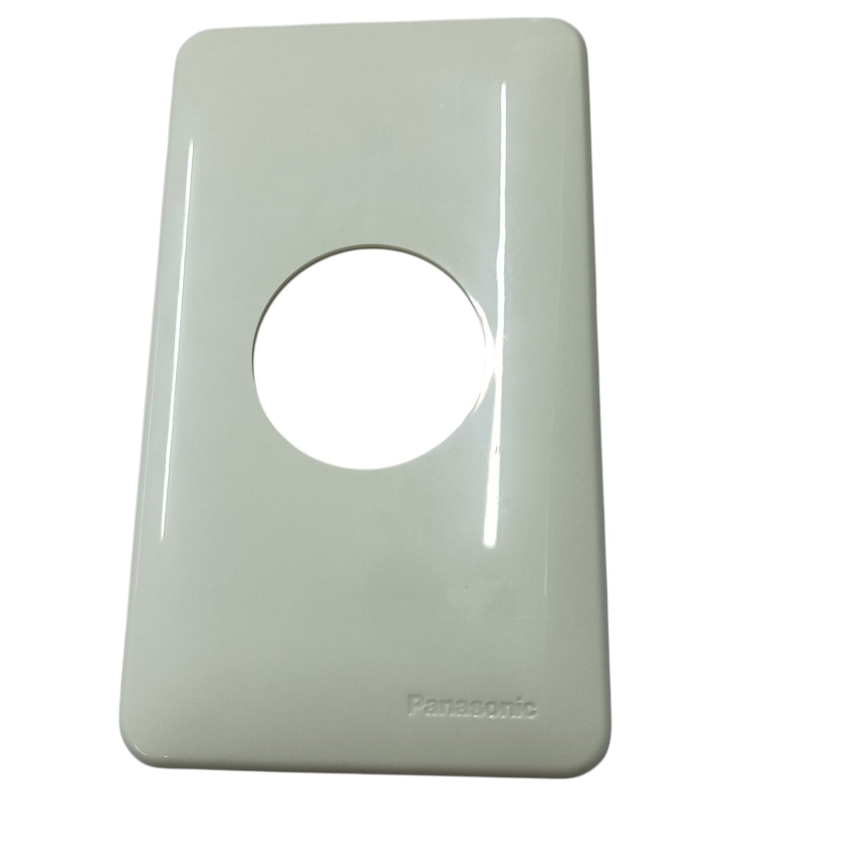 White rectangular faceplate with round opening for Panasonic 15A twist lock outlet embossed Panasonic logo