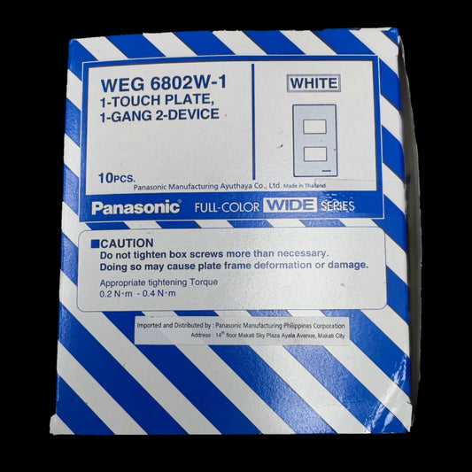 Panasonic 2 gang plate wide series white WEG 6802W1 box showing 1 touch 1 gang 2 device wall plate