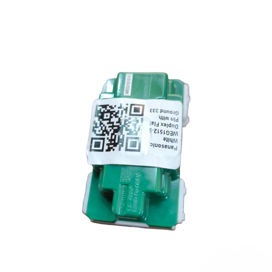 Green Panasonic duplex flat pin outlet 16A 250V module with QR code label and white snap mounting clips