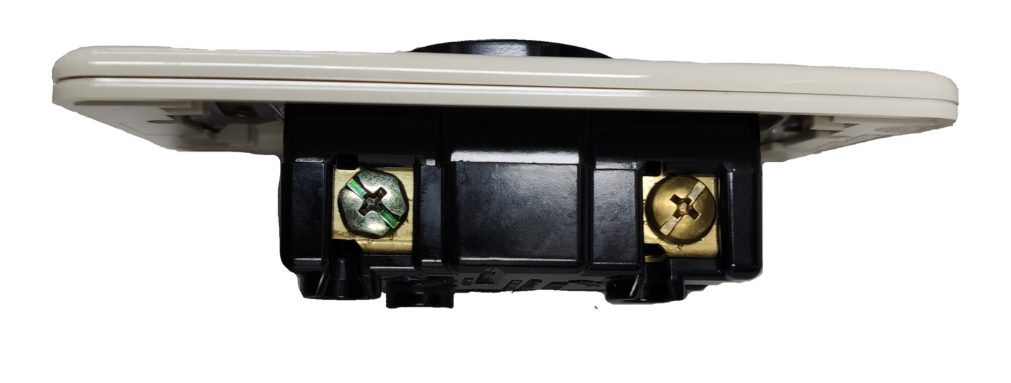 Panasonic twist lock outlet 30A 250V side view white wall plate black housing and brass screw terminals