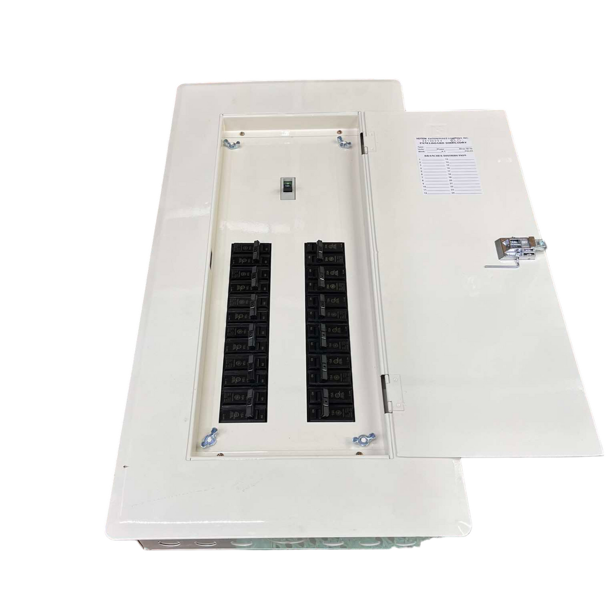 Koten and GE Panel Board 175A 250SP 2Pole Main electrical circuit breaker panel with open white metal cover