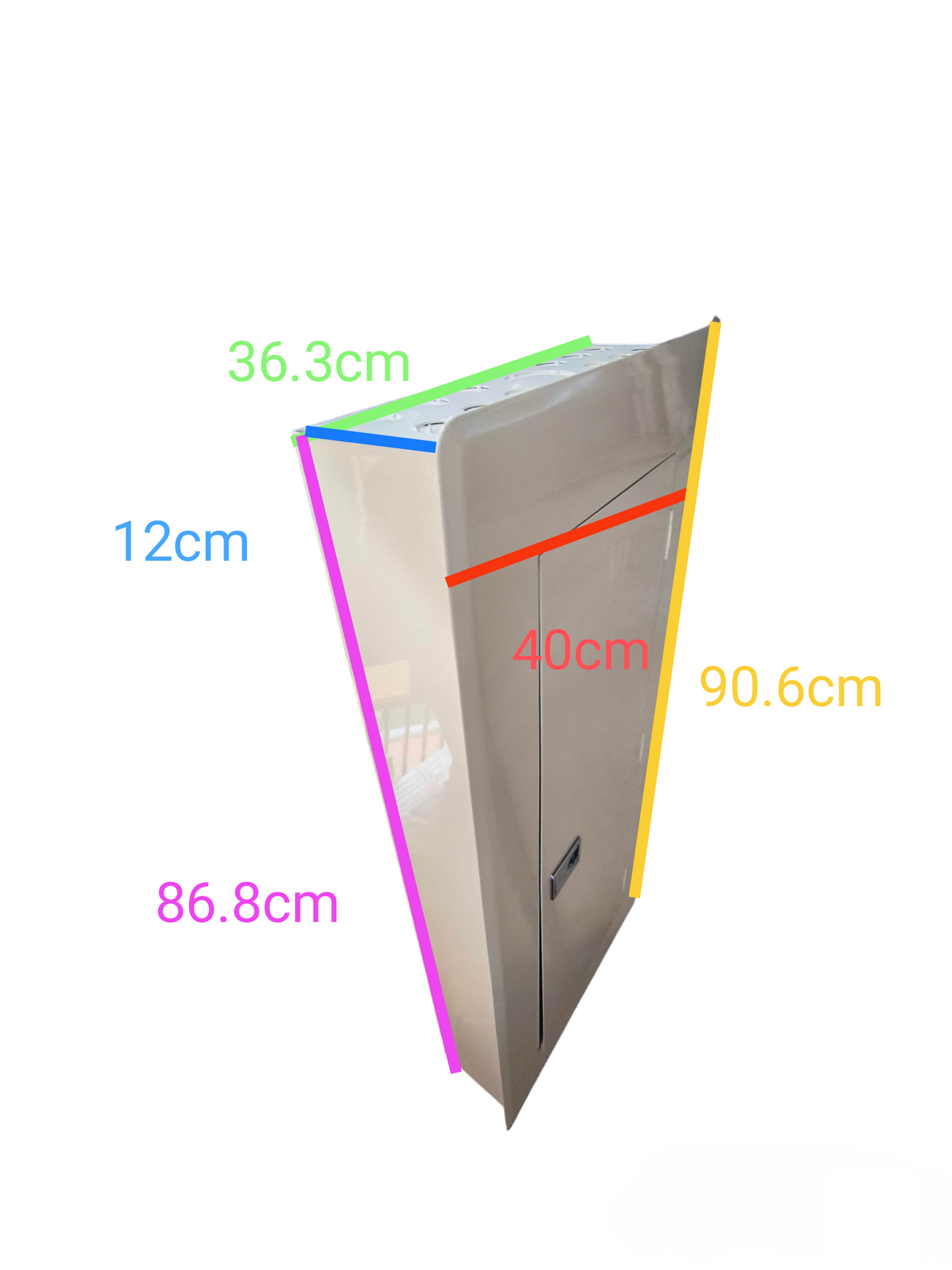 Koten Panel Board 2 Pole Main 250SPS electrical panel board with dimensions shown from angled view