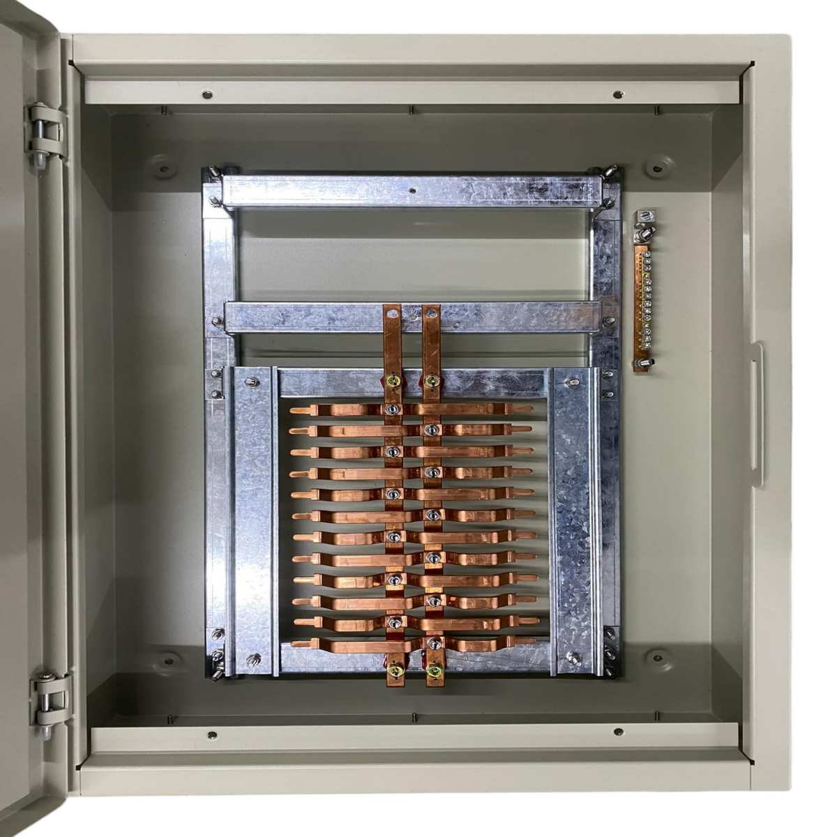 Schneider Panel Board EZC100 Main 2Pole electrical circuitry with copper bus bars inside metal enclosure