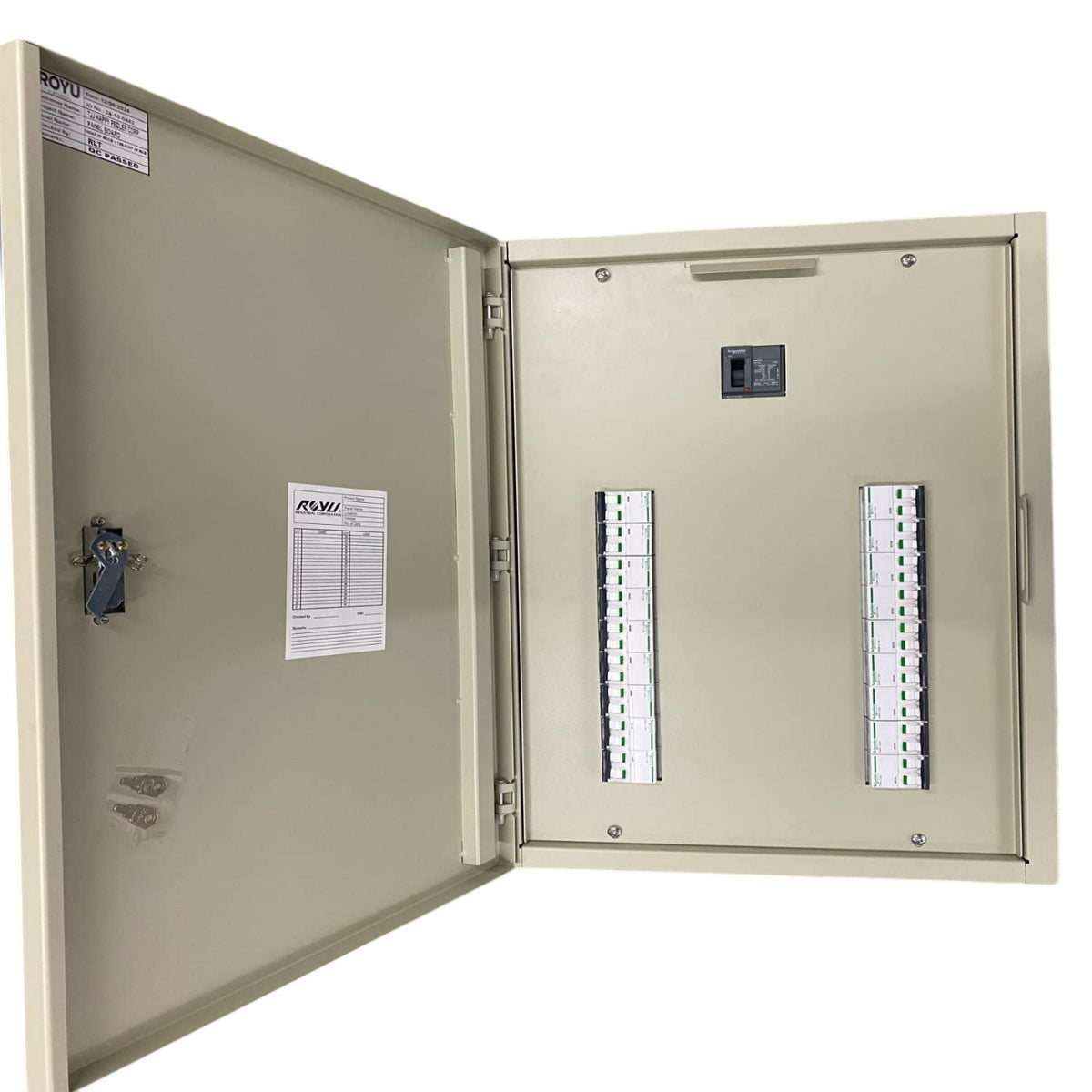 Schneider Panel Board EZC100H 75A 2 Pole electrical circuit breaker panel in open metal enclosure