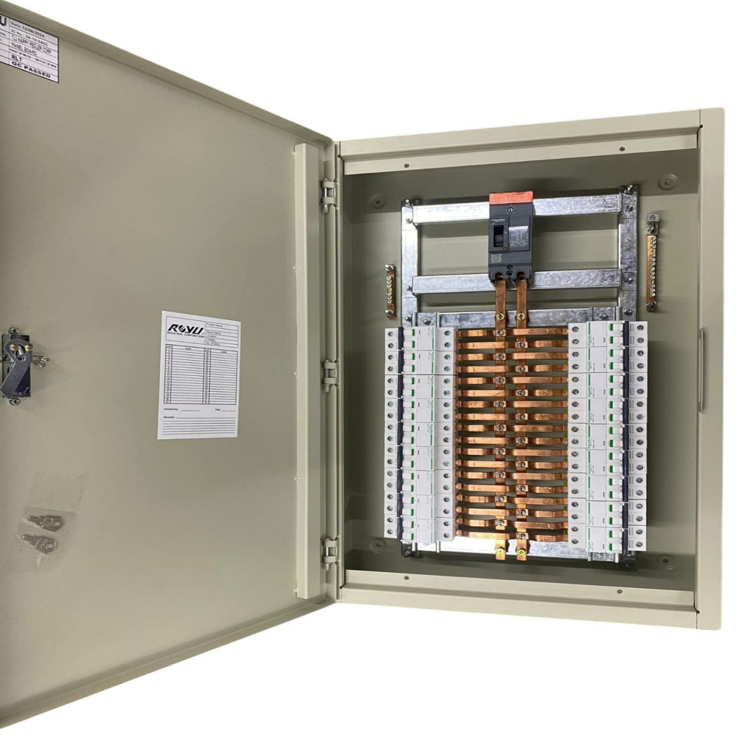 Schneider Panel Board EZC100H 80A 2 Pole Main with copper bus bars and circuit breakers inside metal enclosure