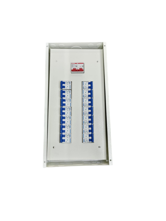 White panel board with 14 circuit breakers for electrical distribution and safety