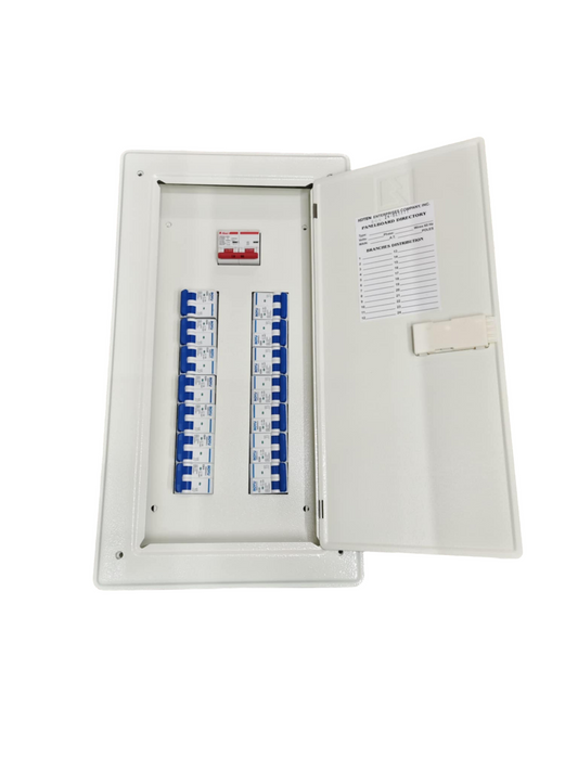 White panel board with 14 circuit breakers from Royu Himel and Koten with door open