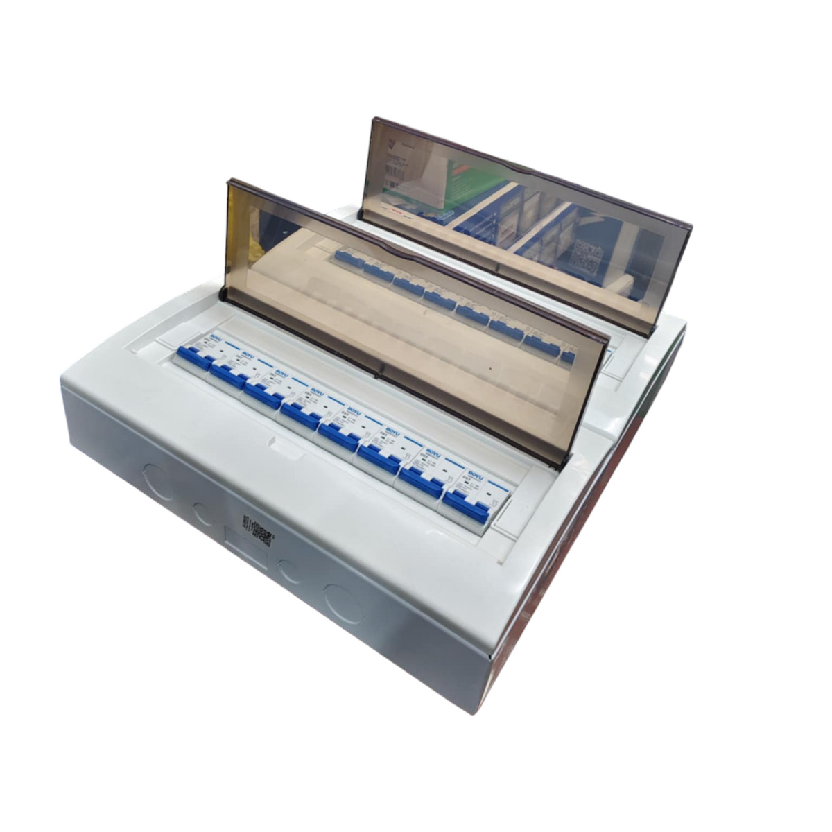 Panel Box with 15 Bus Bar 2 Pole Royu Breakers electrical circuitry component with transparent cover and blue breaker switches