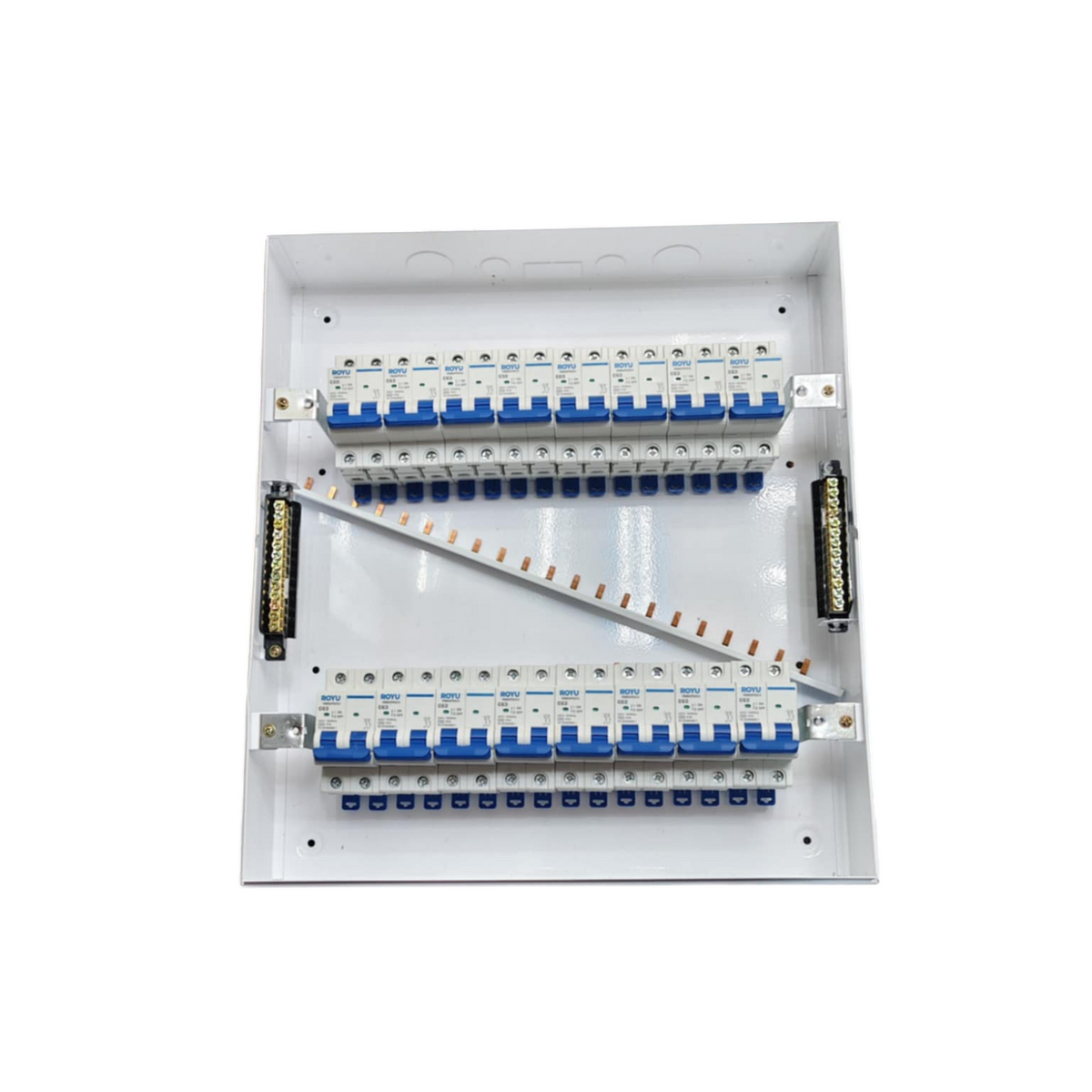 Panel Box with 15 Bus Bar 2 Pole Royu Breakers featuring multiple circuit breakers and bus bars in a white metal casing