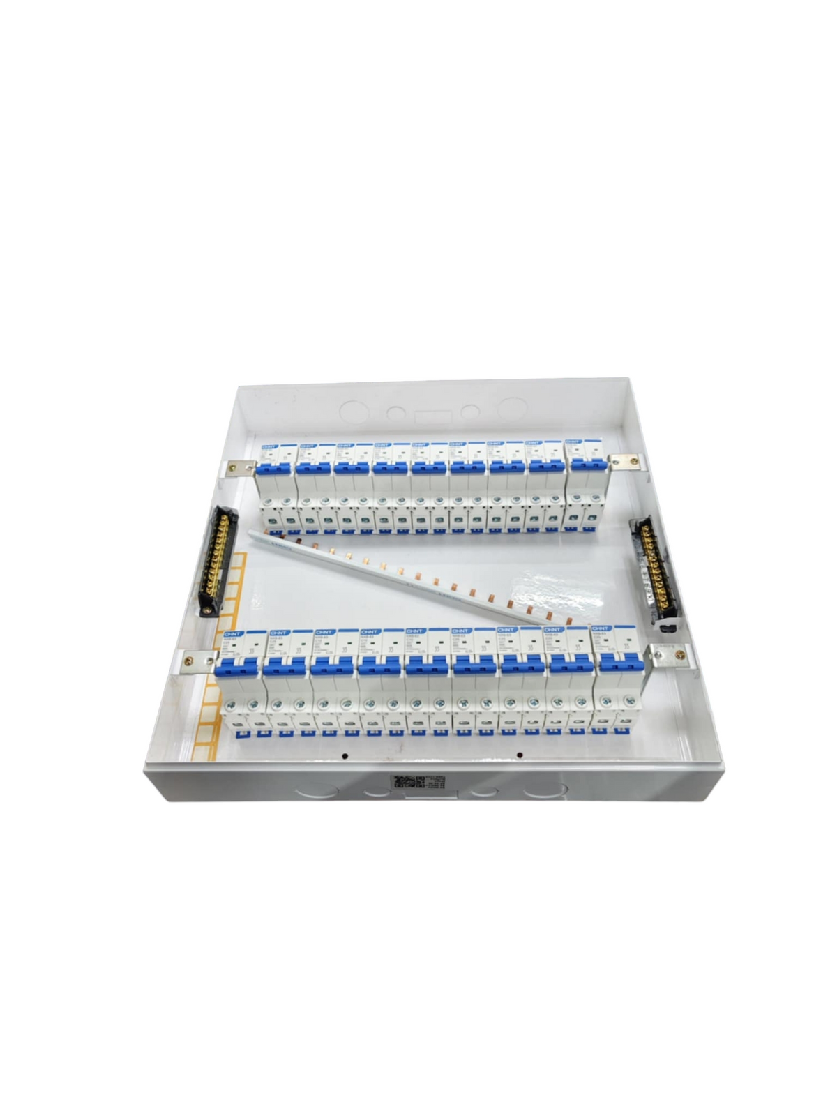 Chint 63A panel board with 17 circuit breakers. White metal distribution panel showing dual rows of blue breakers