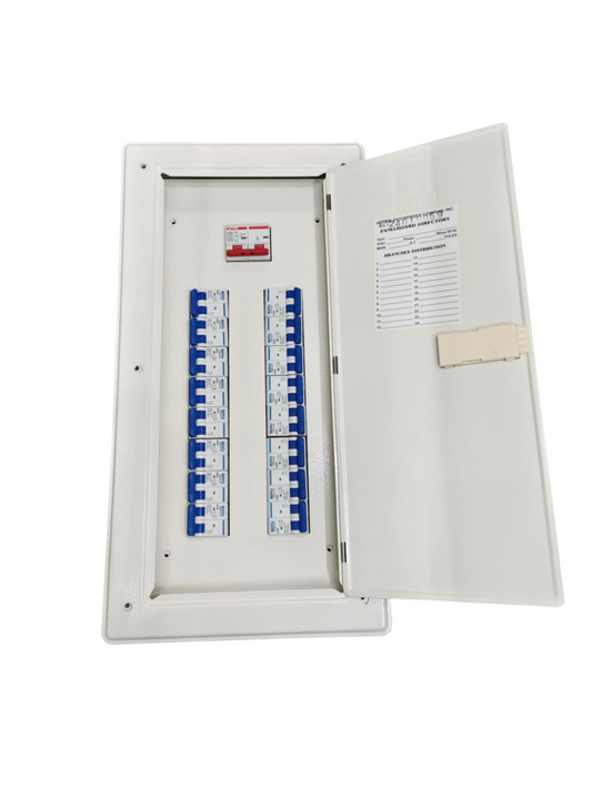 Royu and Himel and Koten 125A panel board with MCB 2P 16 Branches. White enclosure with 16 blue MCBs and door label