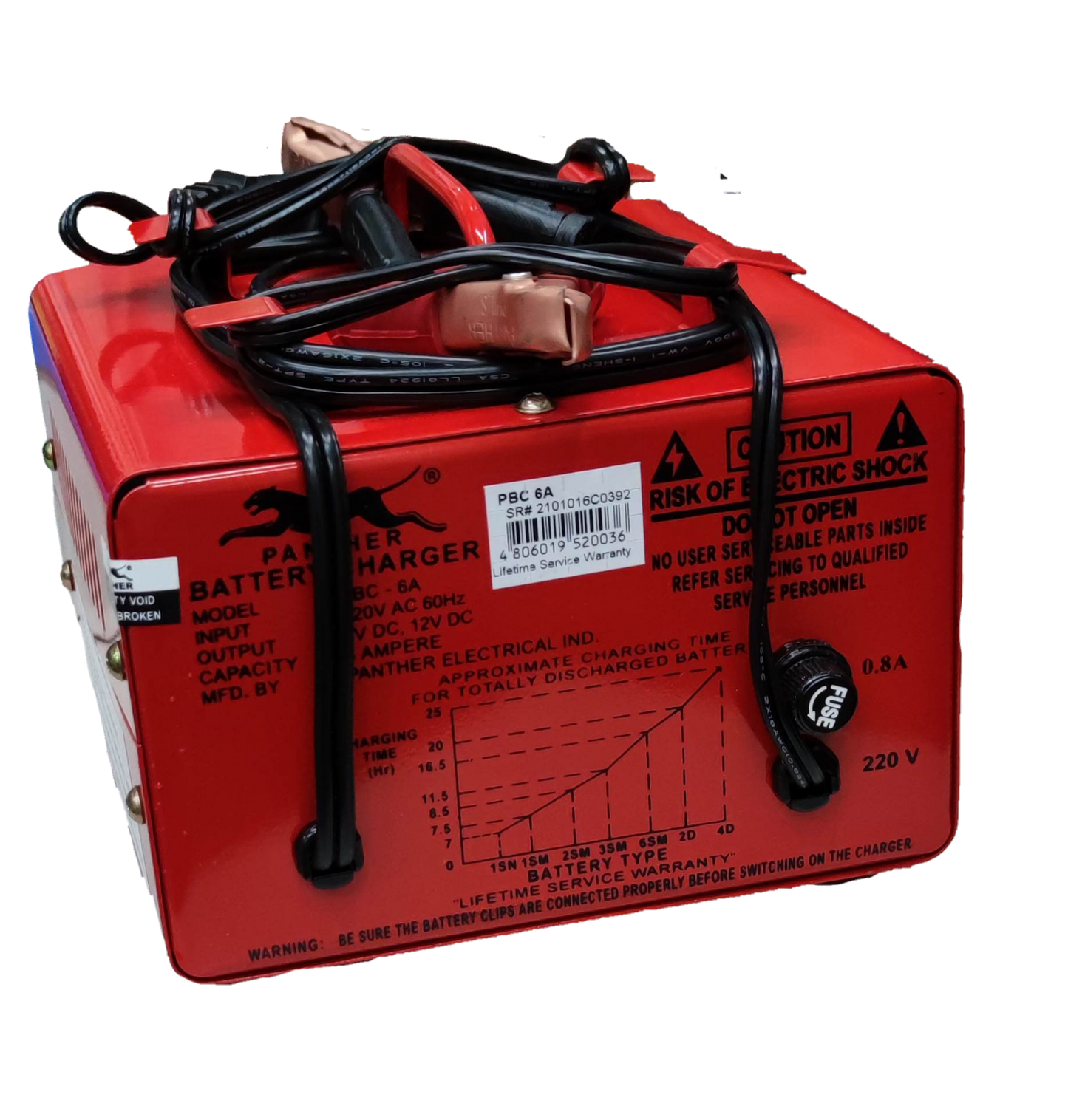 Panther 6V 12V car battery charger red portable power starter with cables and safety warnings
