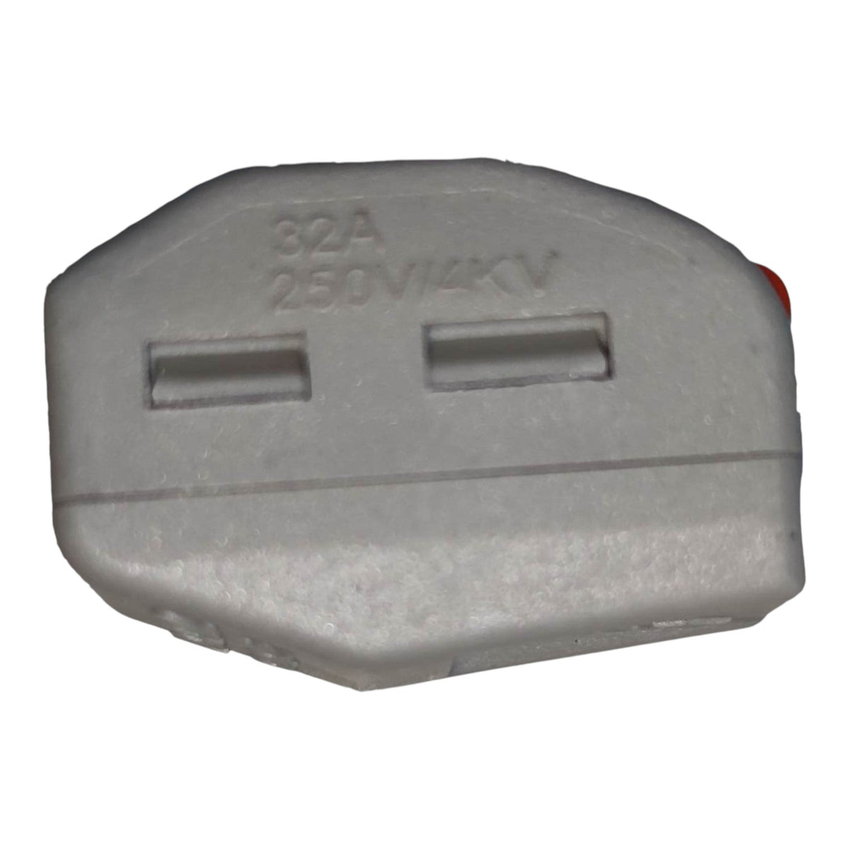 Gray electrical plug with specifications on a white background