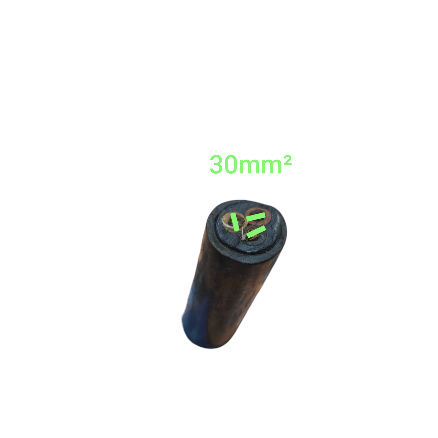 Phelps Dodge 30mm 3 core power cable showing cross section with three copper cores and black insulation
