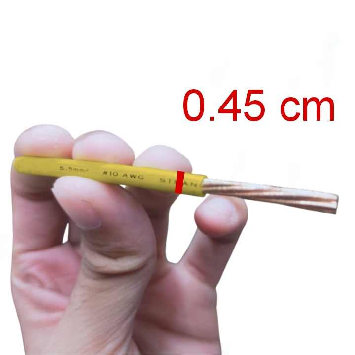 Close-up of Phelps Dodge 5.5mm THHN AWG 10 yellow electrical wire held between fingers