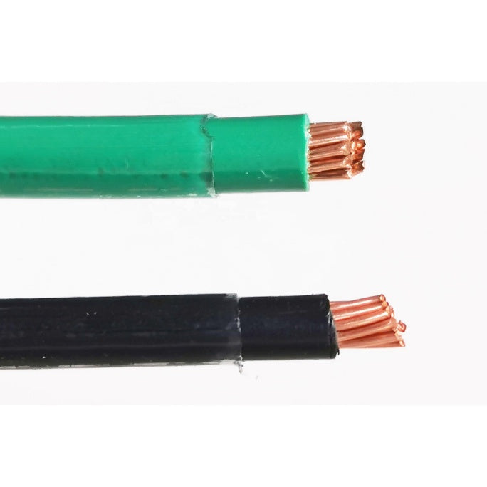 Close-up of green and black Phelps Dodge electrical wire 60mm showing copper strands
