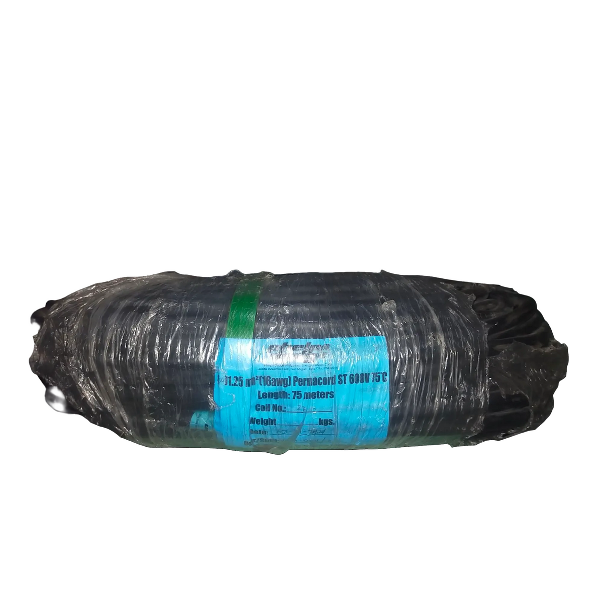 Coiled Phelps Dodge perma cord wire wrapped in plastic with a green securing strap