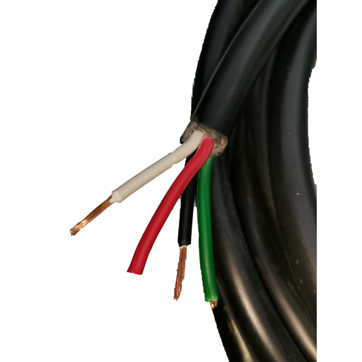Phelps Dodge Royal Cord 8.0mm 4C with black outer insulation and exposed red, white, green, and black wires
