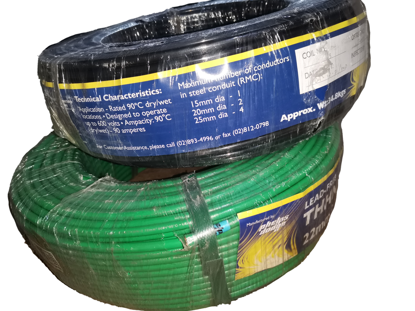 Phelps Dodge THHN Wire 30mm green and black rolls wrapped in plastic packaging for electrical use