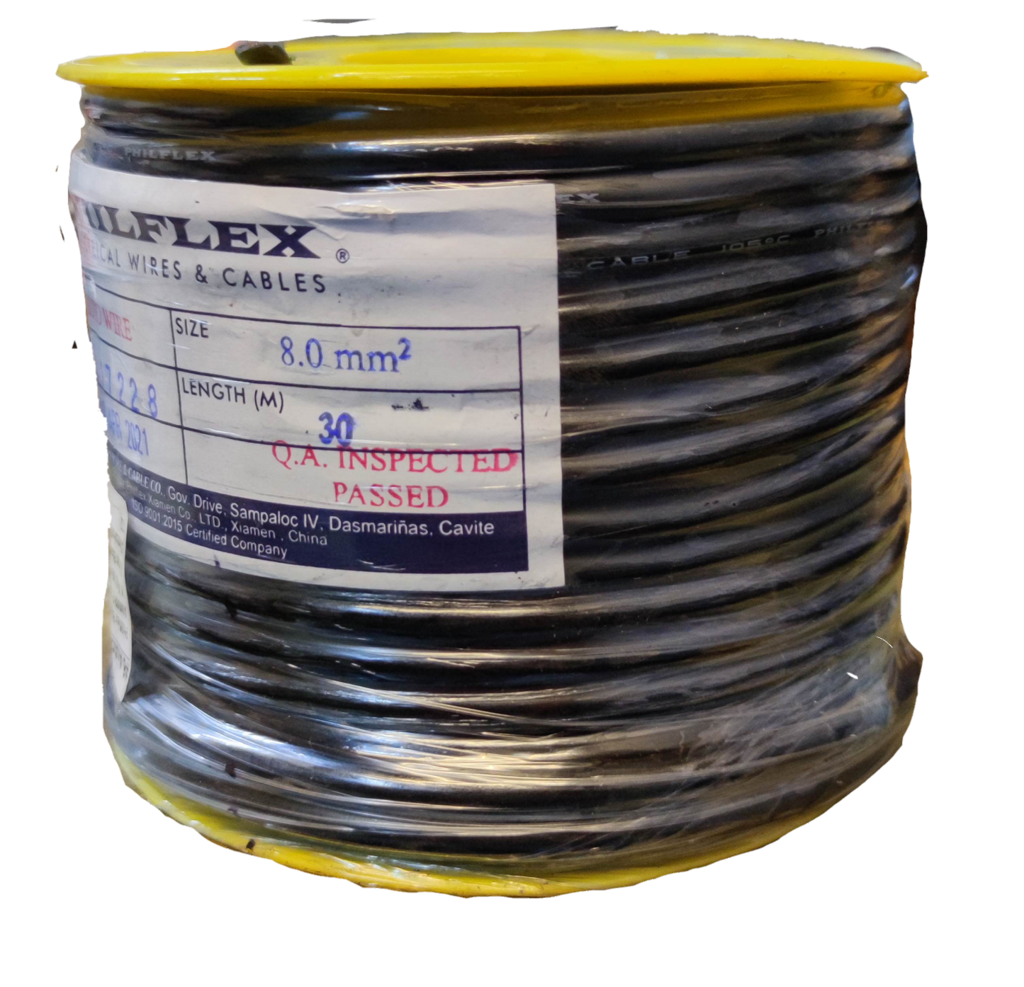 Philflex Automotive Wire AWG 8 black spool with 30 meters length and quality inspection label