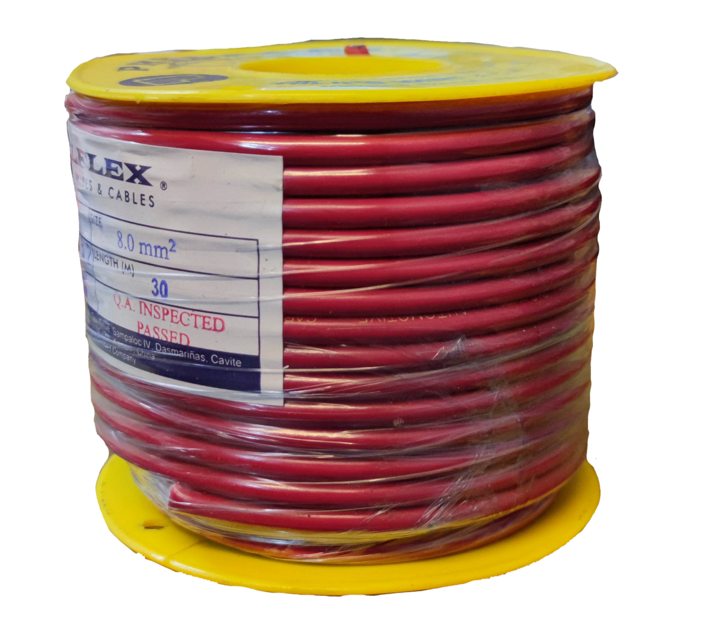 Philflex spool of red Automotive Wire AWG 8 with clear packaging on yellow reel