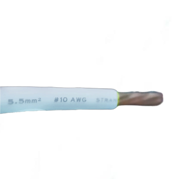 Philflex 5.5mm Stranded Wire AWG 10 White cable showing copper strands and insulation