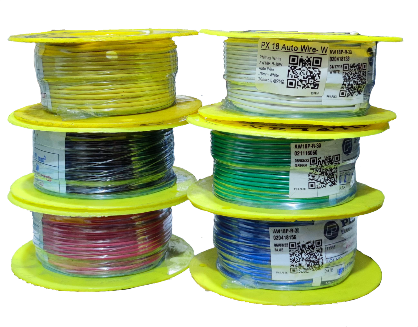 Philflex automotive wire 18 AWG spools in various colors including yellow, white, black, green, red, and blue