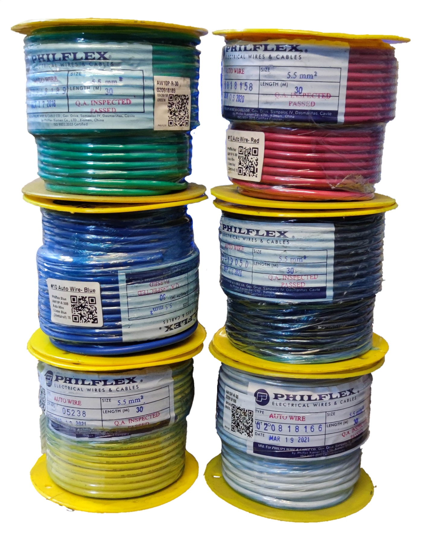 Philflex AWG 10 automotive wire spools in various colors including green red blue black yellow and white