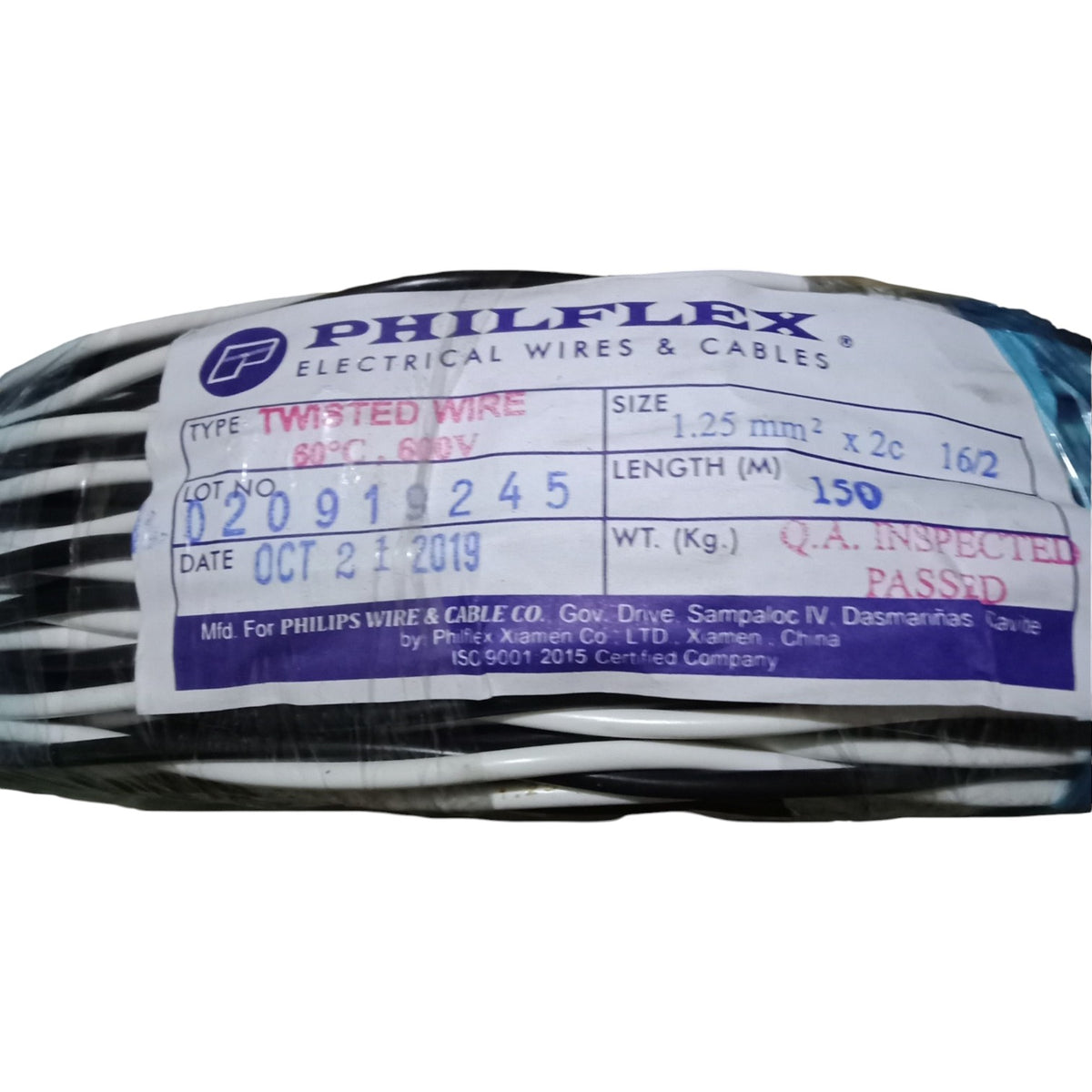 Spool of Philflex electrical wire with label on a white background