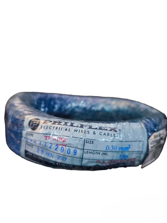 Philflex TF Wire AWG 22 Stranded Hook up Wire blue insulated coil with label showing size and length for electrical use
