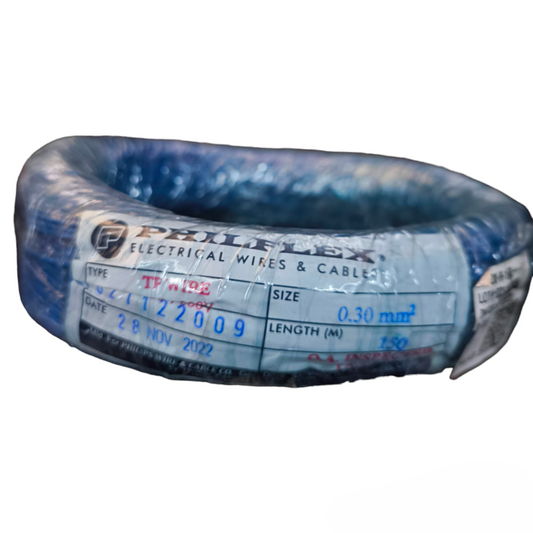 Philflex TF Wire AWG 22 Stranded Hook up Wire blue insulated coil with label showing size and length for electrical use