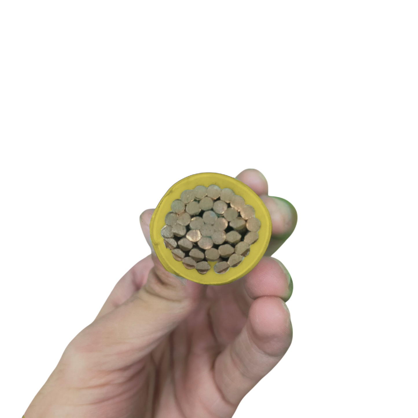 Close-up of hand holding Philflex THHN wire 500mm stranded showing copper strands and yellow insulation
