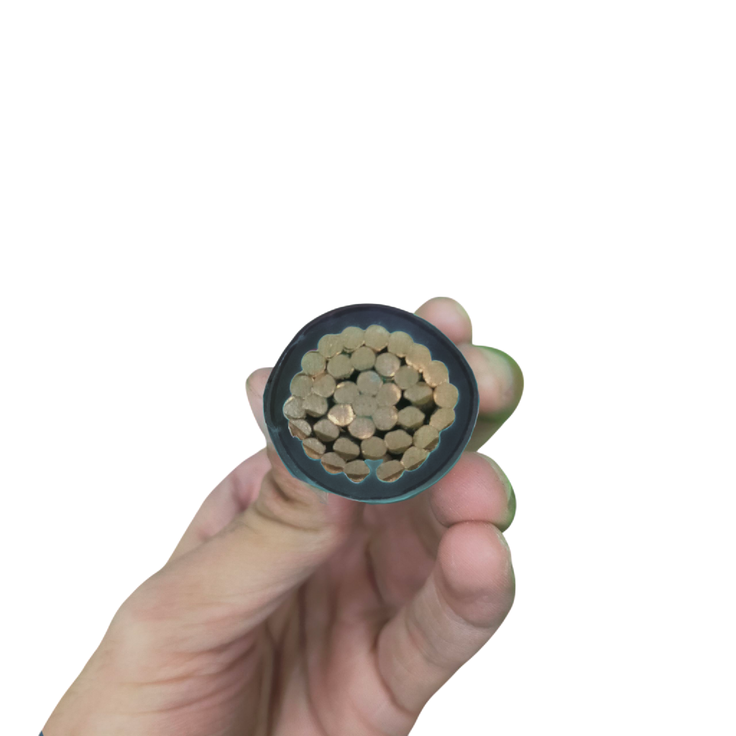 Hand holding cross-section of Philflex THHN wire 800MCM showing copper conductor strands and black insulation