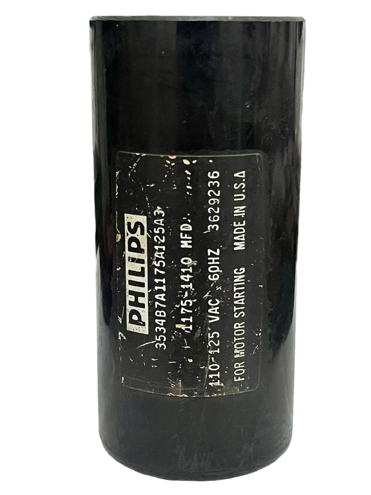 Philips 1175-1410MFD motor start capacitor in black cylindrical casing for electrical motor starting