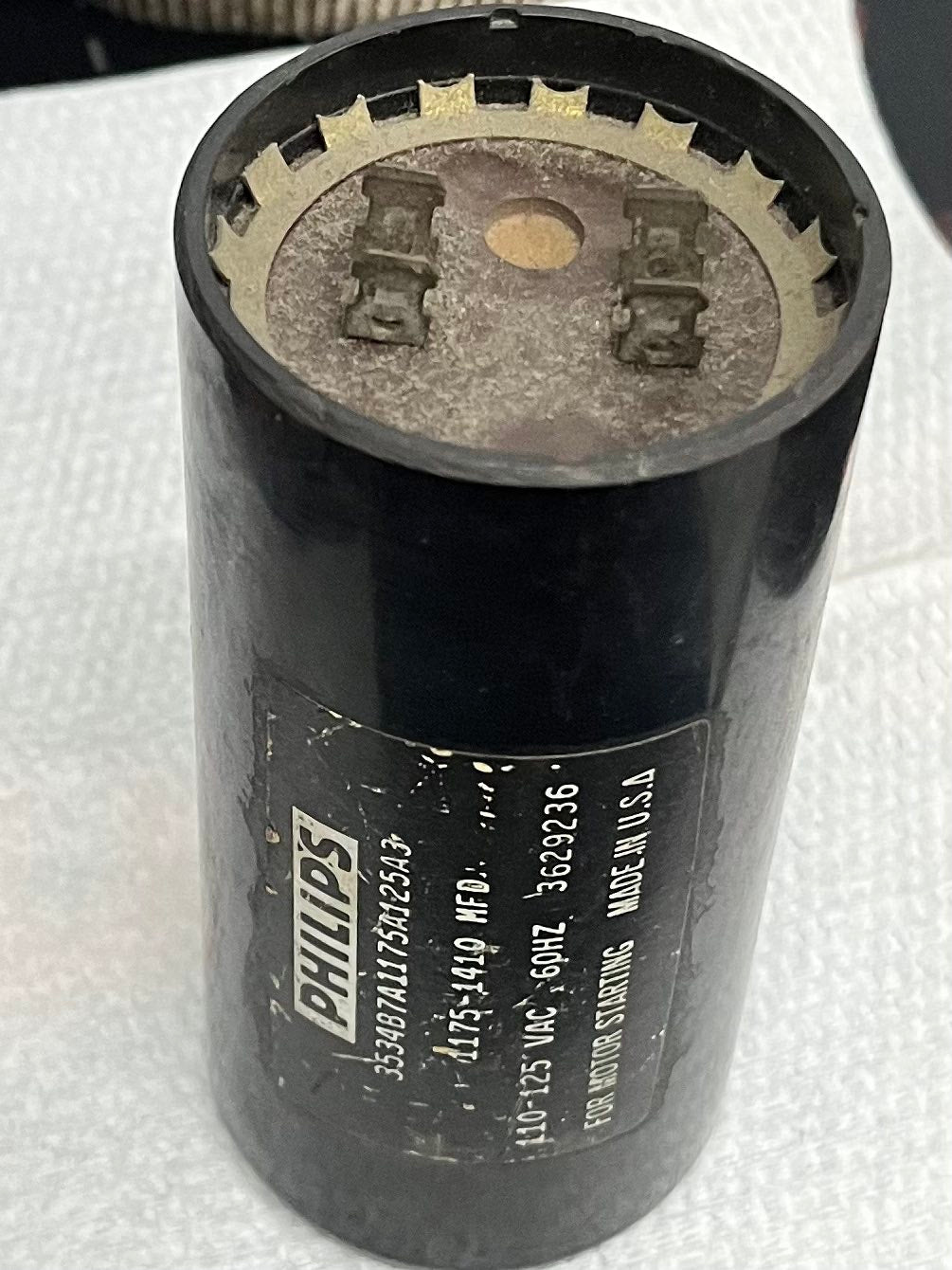 Philips 1175-1410MFD motor start capacitor cylindrical electrical component with metal terminals
