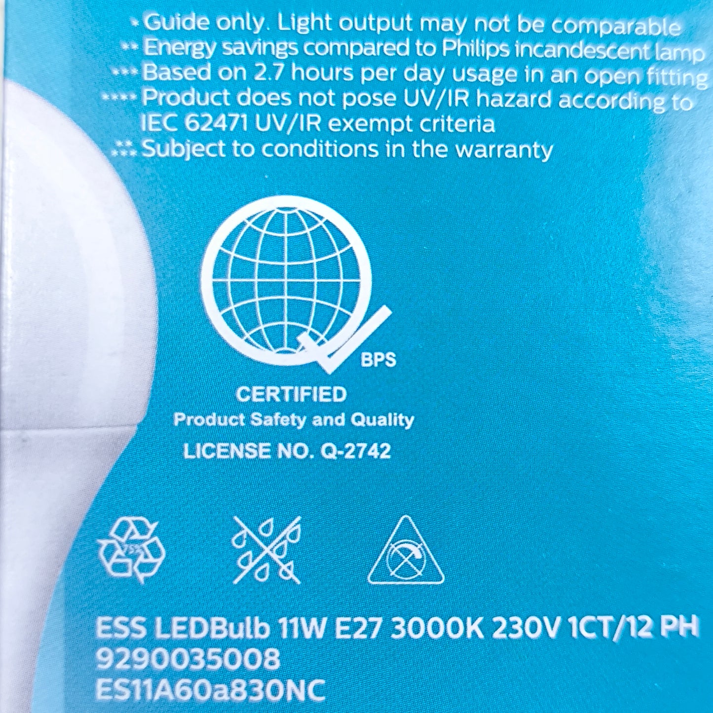 Philips 11W LED bulb E27 220V with energy savings and UV/IR safety certification