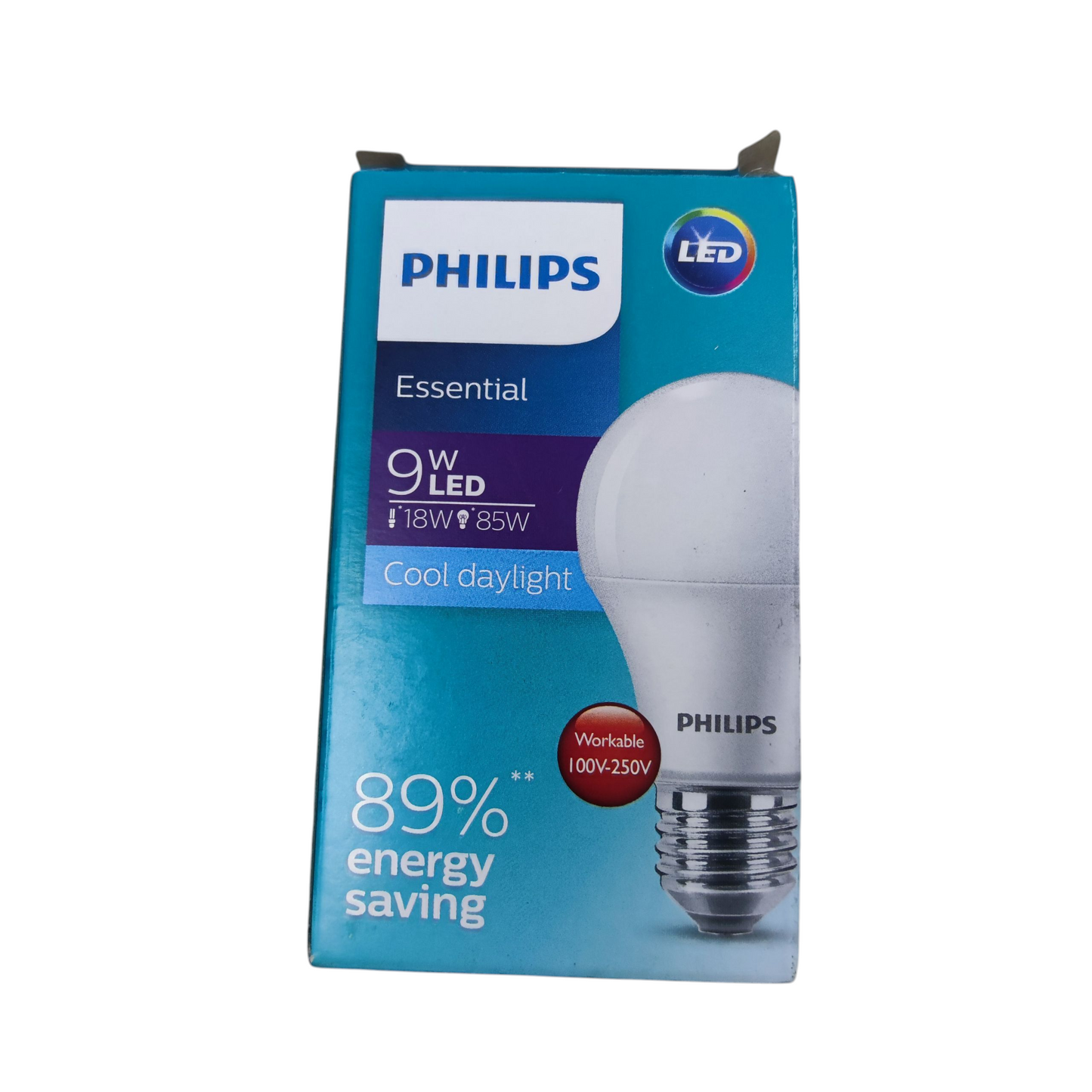 Philips 9W LED bulb E27 warm white in packaging highlighting energy savings and efficiency