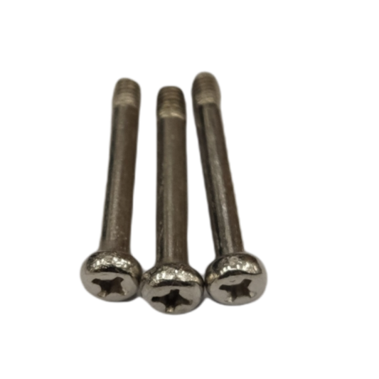 Three shiny metal Philips Cross Positive Screw Long Screw Tip screws arranged side by side on black background