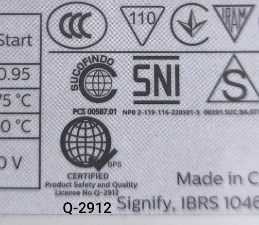 Close-up label showing certification marks and details on Philips electronic ballast 220V for lighting installation