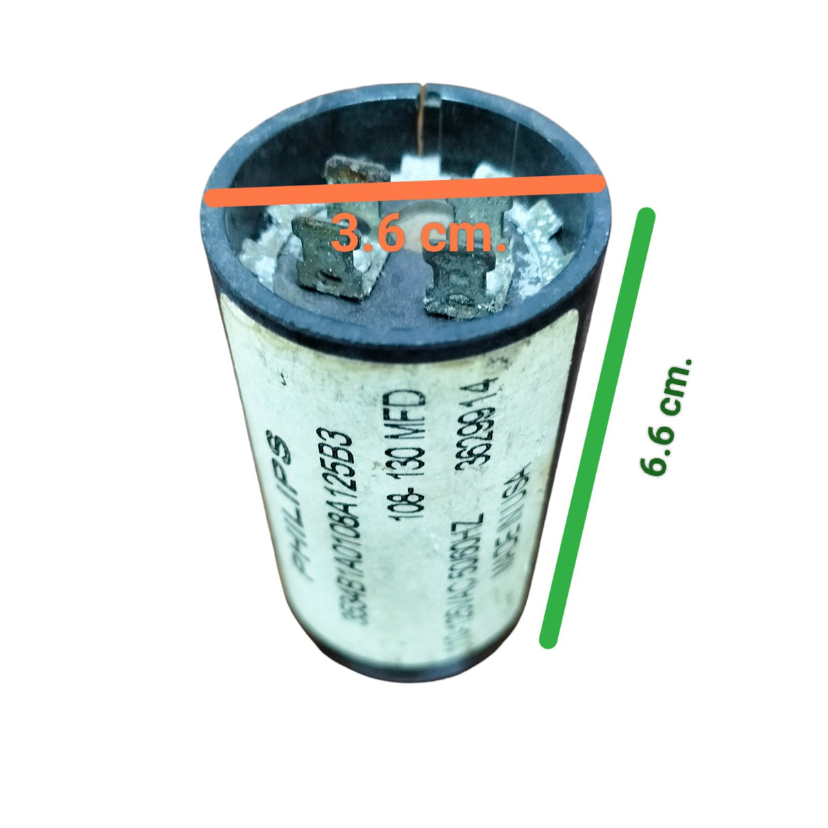 Philips Starting Capacitor 108-130 MFD for Electrical Circuitry with 3.6 cm diameter and 6.6 cm height