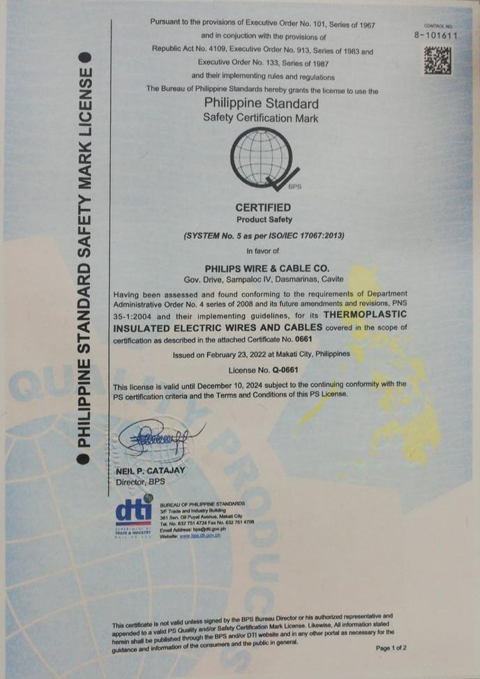 Philippine Standard Safety Certification Mark license for Philflex THHN wire 8.0 mm stranded product compliance