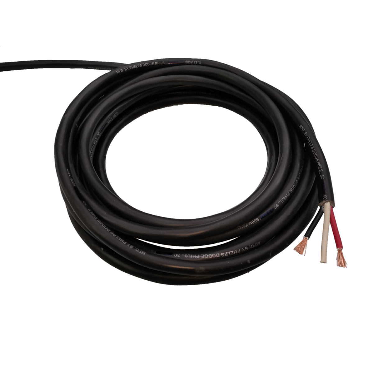 Phelps Dodge 3 core 5.5mm royal cord wire with three exposed copper conductors coiled on black background