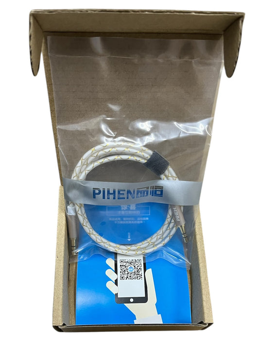 PIHEN 3.5mm Audio Cable in white braided design packaged in a cardboard box with clear plastic sleeve
