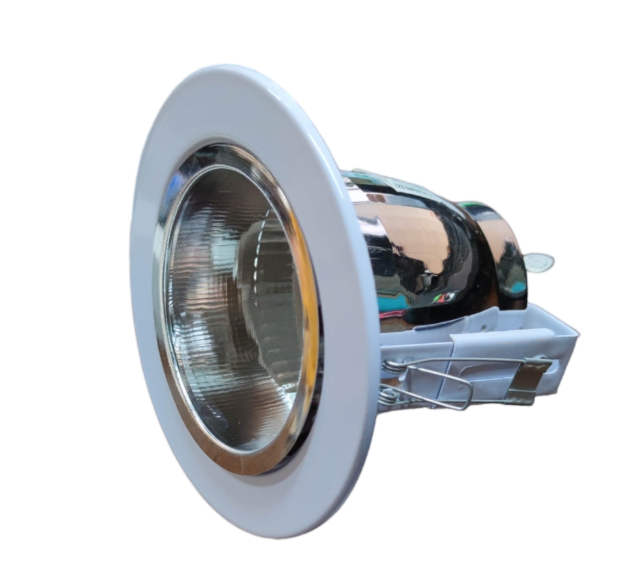 Biglite Pinlight Fixture E27 White Border recessed ceiling downlight with chrome reflector and mounting clips